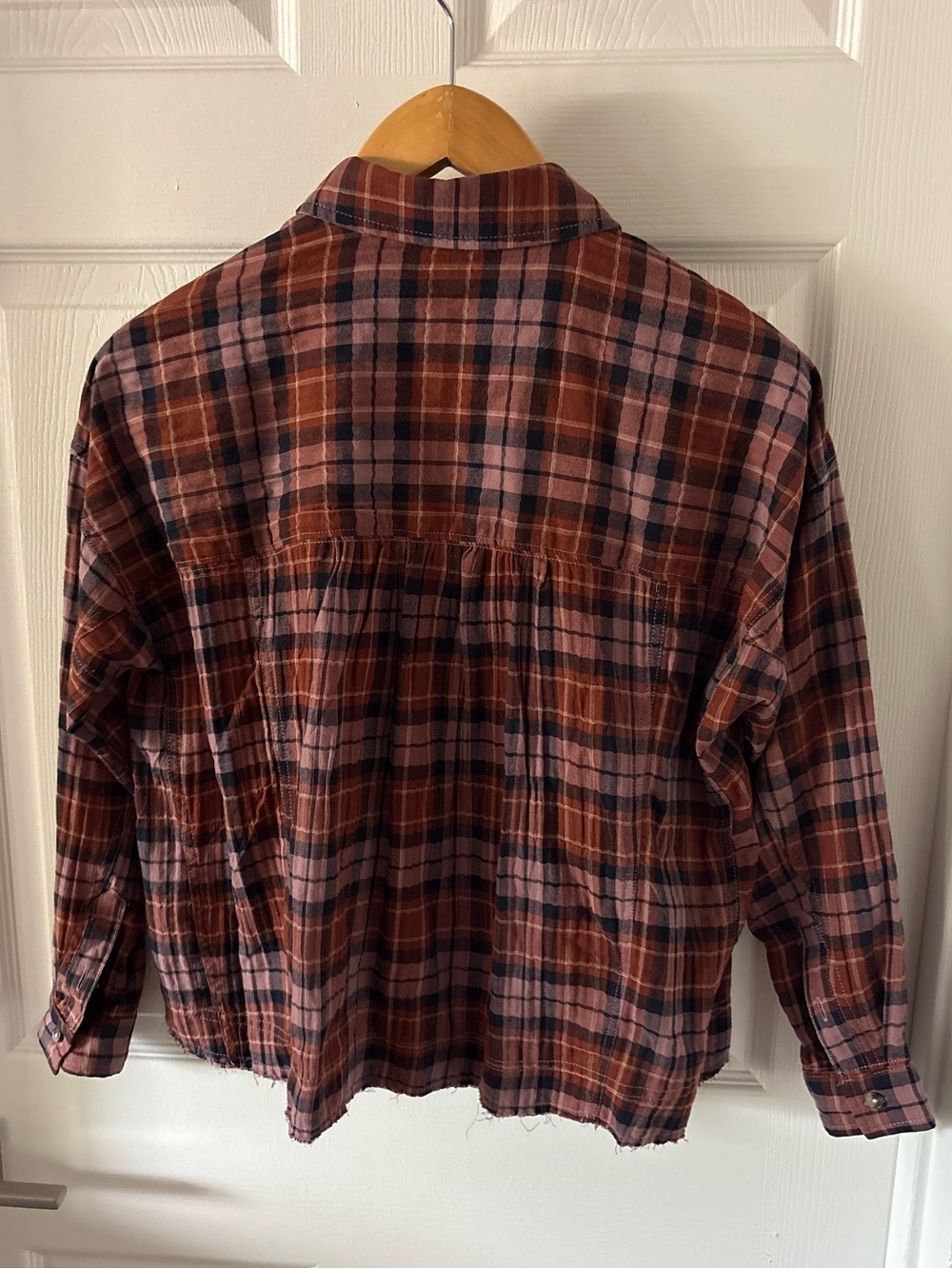 Anthropologie Pilcro Cropped Plaid Flannel Shirt Raw Hem Leopard Trim Size XXS - Picture 4 of 6